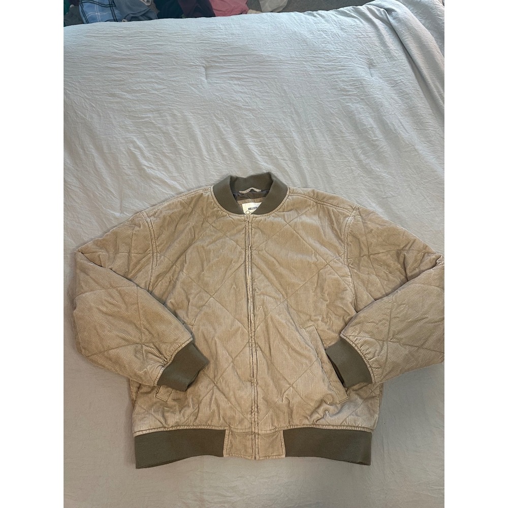 Hollister Mens Quilted Corduroy Bomber Jacket Tan Khaki Green Size L Full Zip